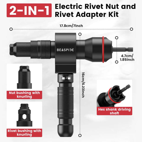 2 In 1 Cordless Rivet Nut Tool Kit For Drill Converts Your Drill Into A Pro Rivet Gun With 7 Metric Mandrels, labeled parts shown