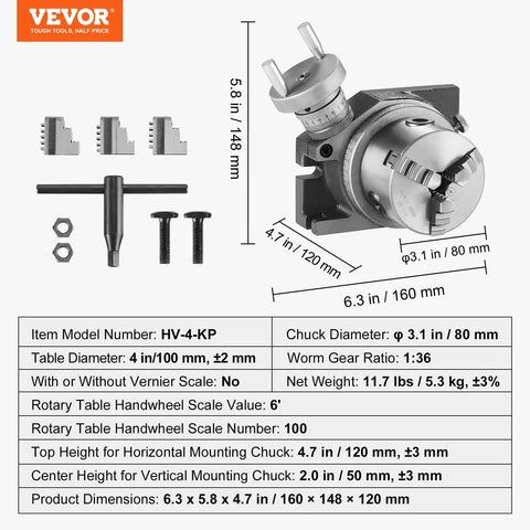 VEVOR rotary table for milling machines, 4 in/100 mm table diameter, includes 3-jaw chuck, front view