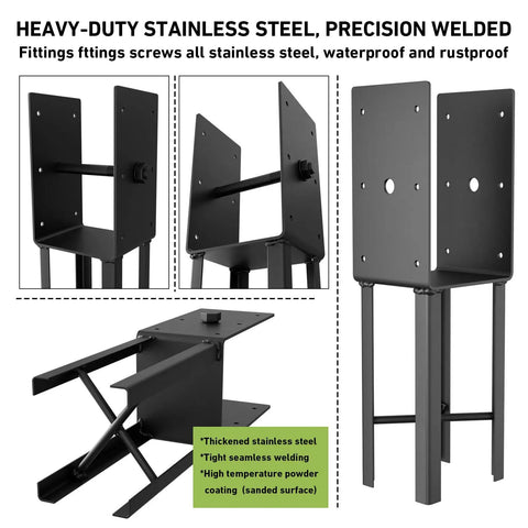 Heavy-duty 4x4 post anchor for wet concrete, U shape base, pro grade steel bracket with hardware for decks, no digging required.