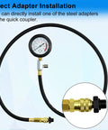 Front view of JoyFans oil pressure tester kit with gauge, black hose, and brass adapters.