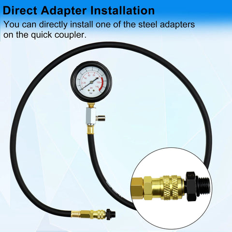 Front view of JoyFans oil pressure tester kit with gauge, black hose, and brass adapters.