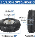 Illustration showcasing 10-inch pneumatic tire wheel specs, featuring 2.2-inch offset hub, 5/8-inch bearing, for hand trucks and garden carts.