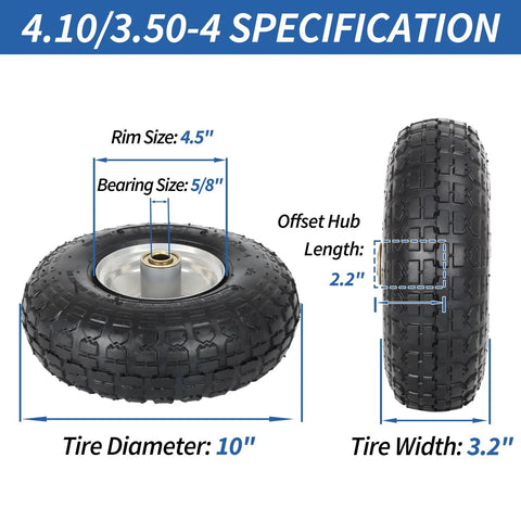 Illustration showcasing 10-inch pneumatic tire wheel specs, featuring 2.2-inch offset hub, 5/8-inch bearing, for hand trucks and garden carts.