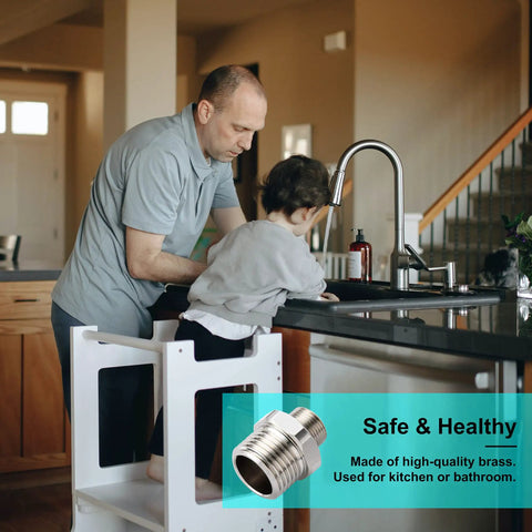 Father and child by kitchen sink with Brass RV Faucet Reducer Adapter One Half To Three Eighths Compression Fitting inset
