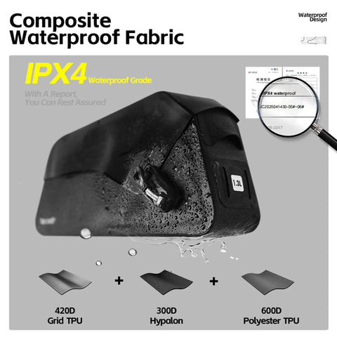 Waterproof Top Tube Bag For Bike With Magnetic Closure, IPX4 rated, composite waterproof fabric, slim design with TPU layers.