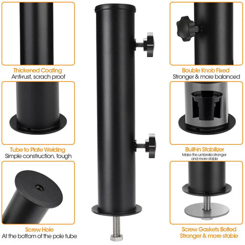 Universal Granite Umbrella Tube Base For Outdoor Use with stainless sleeve, anti-rust coating, double knob fixation, and stabilizer.