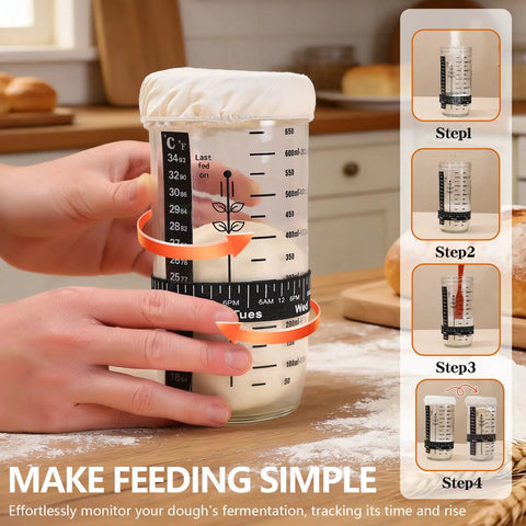 All In One Sourdough Starter Kit With Banneton Baskets Starter Jar Lame With Four Blades Thermometer Strip Feeding Tracker