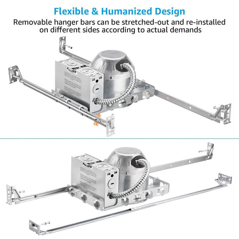 No Frills 4 Inch Recessed Lighting Housing For New Construction IC Rated Air Tight Ceiling Downlight Can With J Box ETL Listed And TP24 Connector, showing flexible bars