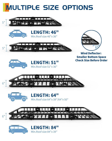 Multiple size options for Heavy Duty Roof Rack Cargo Basket 46 Inch By 36 Inch Universal Carrier with 200 lbs capacity.
