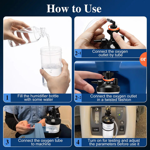 How to use Two Pack Oxygen Humidifier Bottle With 6 LPM Flow And 12 Inch Adapter Tubing guide steps.