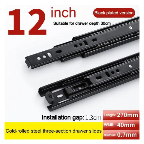 3-Section Full Extension Drawer Slides With Ball Bearing, 100 Lb Capacity, Side Mount, Quiet Glide, Black, 12 Inch, Heavy-Duty