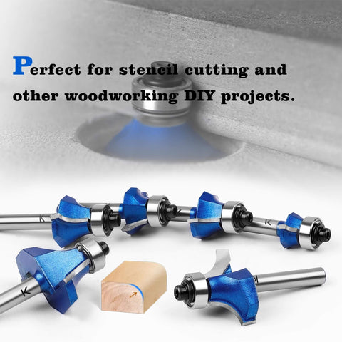 Close-up of Roundover Router Bit Set With 1/4 Inch Shank Pro Grade Carbide Tip showing different radii and guidance bearing in use on wood.