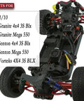 Four Piece Front And Rear Beefed Up Big Bore Shock Absorbers And CVD Drive Shaft Upgrades For 1 By 10 Scale Granite Senton 4x4 3S BLX Mega 550 Vorteks RC Trucks Red showcasing chassis compatibility list