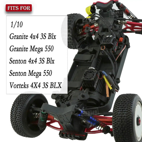 Four Piece Front And Rear Beefed Up Big Bore Shock Absorbers And CVD Drive Shaft Upgrades For 1 By 10 Scale Granite Senton 4x4 3S BLX Mega 550 Vorteks RC Trucks Red showcasing chassis compatibility list