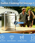 Large stainless steel container on table with people in background, labeled 10 Gallon Cooking Oil Storage Can, made from 304 stainless steel.