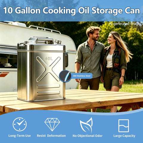 Large stainless steel container on table with people in background, labeled 10 Gallon Cooking Oil Storage Can, made from 304 stainless steel.