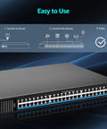 48 Port Gigabit PoE Switch Unmanaged With IEEE 802.3af/at PoE Plus Up To 400W Budget, front view with installation guide.
