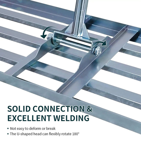 Close-up of Beefy Heavy Duty Lawn Leveling Rake 30x10 Inch Professional Grade Leveler Tool showing solid steel head connection and welding.
