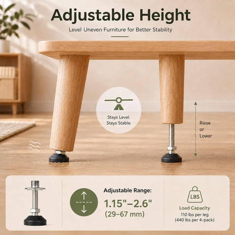 Premium Adjustable Leveling Feet For Uneven Floors 4 Pack M8 X 1.25 Cabinet Legs shown on a wooden table, highlighting adjustable height feature.