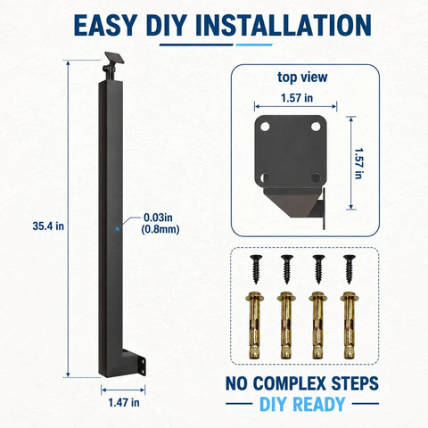 Heavy Duty Side Mount Stair Railing Posts 35.4 Inch Carbon Steel Indoor Handrail Support 4 Pack with installation details and dimensions.
