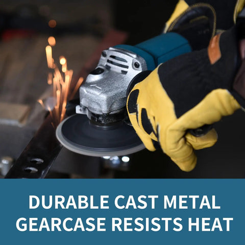 Powerful 7.5 Amp Corded Angle Grinder with 11,000 RPM for metal cutting and grinding, four and a half inch tool in use.