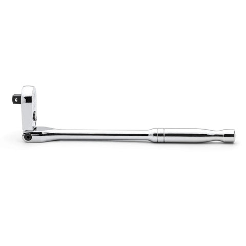 Side view of Quarter Inch Drive 84 Tooth Flex Head Teardrop Ratchet 7 Inch with Enclosed Head and Flush On Off Switch for Tight Spots