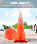28 Inch Collapsible Traffic Cones Two Pack With LED Lights And Reflective Collar, ultra visible orange safety cones in parking lot.