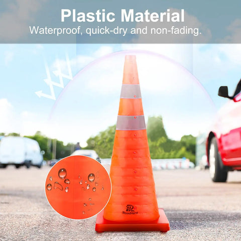 28 Inch Collapsible Traffic Cones Two Pack With LED Lights And Reflective Collar, ultra visible orange safety cones in parking lot.