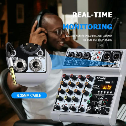 Person using the Five Channel USB Bluetooth Audio Mixer With Dope Echo Delay Effects And 48V Phantom Power, showing real-time monitoring feature.