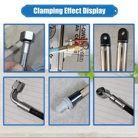 Clamping effect display showcasing various hose fittings and connections from the Badass Hydraulic Hose Crimper With Eight Precision Replaceable Dies For High Pressure Pipe Repair And Heavy Machinery Shop Work DC12V Portable Electric Crimping Tool.