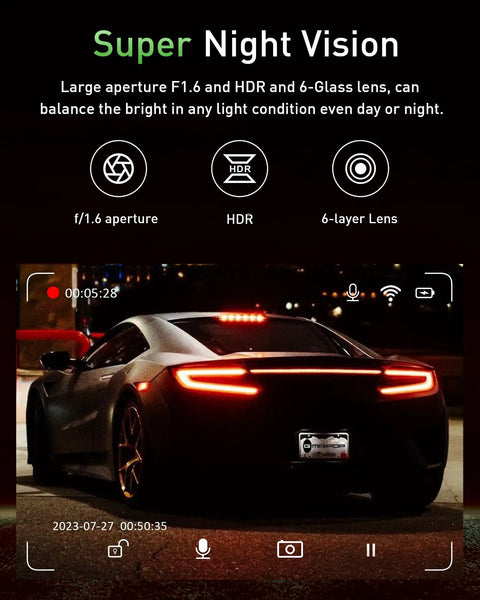 Image of night vision feature from 4K Front And Rear Dash Cam With WiFi And App Control For Cars capturing a car in the dark.