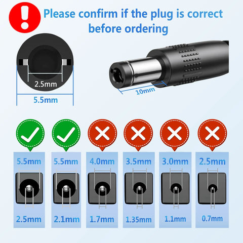 Diagram of DC connector sizes for 12V 2A DC Power Adapter For Roland FP 10 And PSB 5U showing correct measurements.