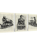 Steam Train Canvas Art Set Of 3 11x14 Inches Framed Wall Prints for Home Office Decor Railroad Locomotive Posters displayed side by side.