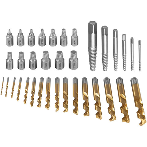 Heavy Duty 35-Piece Screw Extractor And Drill Bit Set For Pulling Broken Studs Stripped Bolts Rusted Seized Fasteners With Left Hand Cobalt Bits, sizes shown