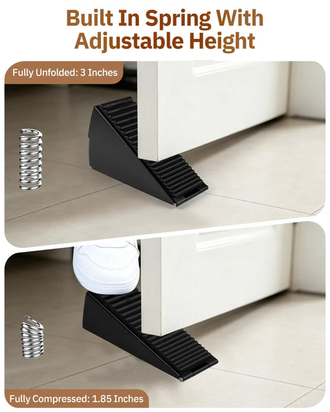 Heavy Duty Door Stopper Wedge With Adjustable Spring Fits 0.6 To 3 Inch Gaps for interior entry and patio doors shown in use