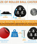 8 Pack Self Adhesive Caster Wheels With Rock Solid Triangular 3 Ball Design dimensions shown, 1.87 inch diameter, 15 lbs capacity.