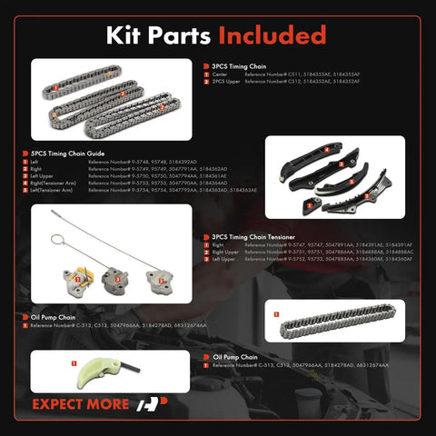 Engine Timing Chain Kit With Tensioner And Guide For Mopar V6 3.2L And 3.6L with components displayed on black background