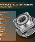 Front And Rear Wheel Bearing Hub Assembly 4 Piece Set For 2010 2014 Subaru Outback And Legacy 5 Lug With ABS Encoder 4 Bolt Square Flange Left Right Compatible, shown with specifications