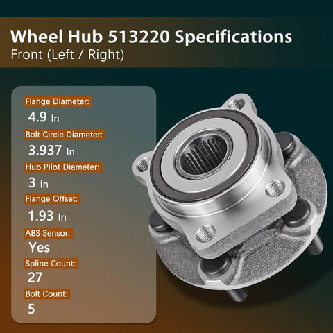 Front And Rear Wheel Bearing Hub Assembly 4 Piece Set For 2010 2014 Subaru Outback And Legacy 5 Lug With ABS Encoder 4 Bolt Square Flange Left Right Compatible, shown with specifications