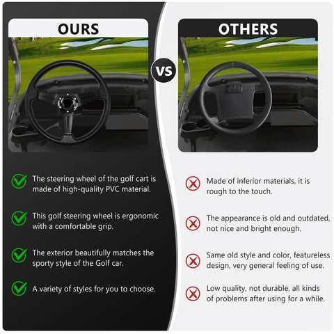 Sharp Universal Golf Cart Steering Wheel With Slick Beefy Grip And Crisp Black Center Stripe For Club Car Ds Precedent Ezgo Rvx Txt Yamaha Requires Chrome Adapter For Quick Install comparison image showing quality features.
