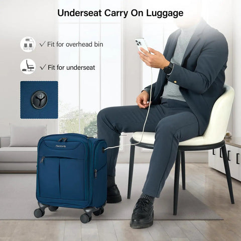 Businessman with Ultra Lightweight 16 Inch Underseat Carry On Luggage With 360 Degree Spinner Wheels, blue, FAA Approved
