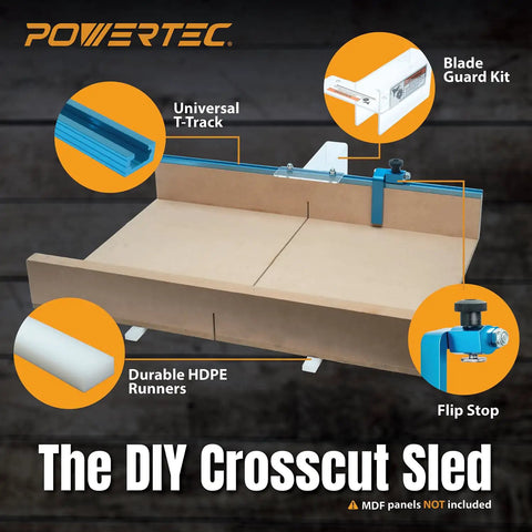 Straight Up Heavy Duty Diy Table Saw Sled Kit With Twenty Four Inch Universal T Track Nineteen Inch Hdpe Miter Bars Three Inch Flip Stop Blade Guard And All Hardware For Hella Smooth Crosscuts And Zero Fuss Shop Builds, featuring a universal T-track and durable HDPE runners.