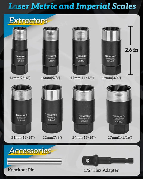 Heavy Duty Lug Nut Removal Tool Kit With Metric Extractor Sockets 14mm 16mm 17mm 19mm 21mm 22mm 24mm 27mm For Stuck Rusted Seized Lug Nuts