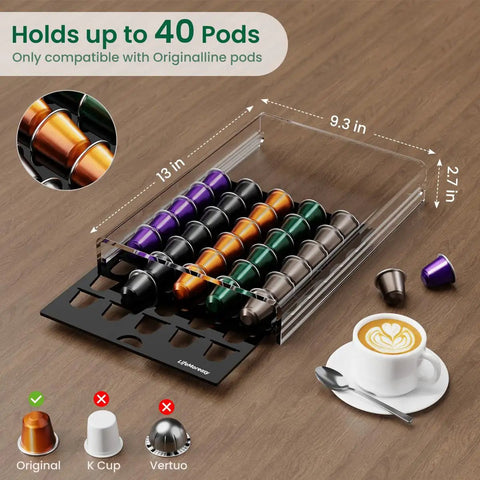 Clear Acrylic Coffee Pod Holder With 40 Pod Capacity for OriginalLine Capsules on wooden countertop with espresso cup.