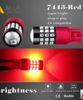 T20 7440 7443 Led Strobe Brake Light Bulbs Red Flashing Stop Lamps for Cars Trucks SUVs Vans close-up with bright red light