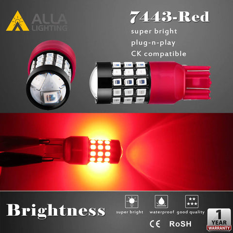 T20 7440 7443 Led Strobe Brake Light Bulbs Red Flashing Stop Lamps for Cars Trucks SUVs Vans close-up with bright red light