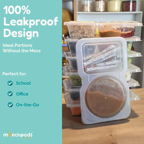 Two Compartment Reusable Snack Containers With Lids 20 Pack 40 Pieces Leak Proof Snack Prep Trays stacked on a table