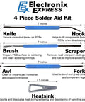 Diagram of Dope Pro Grade Solder Aid Kit With Heatsink And Double Sided Tools, includes knife, hook, brush, scraper, awl, fork.