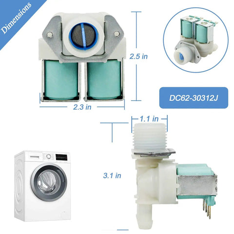Washer Water Inlet Valve Set Replacement DC62-30312J And DC62-30314K For Samsung And Kenmore Washers Cold And Hot Side Inlet Valves DIY Friendly Install Durable Replacement Kit Fits 1810145 AP4204535 TOMOON with 2.5 in, 2.3 in, 3.1 in, 1.1 in dimensions