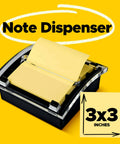 Pop-up sticky note dispenser with one 50-sheet canary yellow 3 in x 3 in pad, black base and clear lid desktop holder